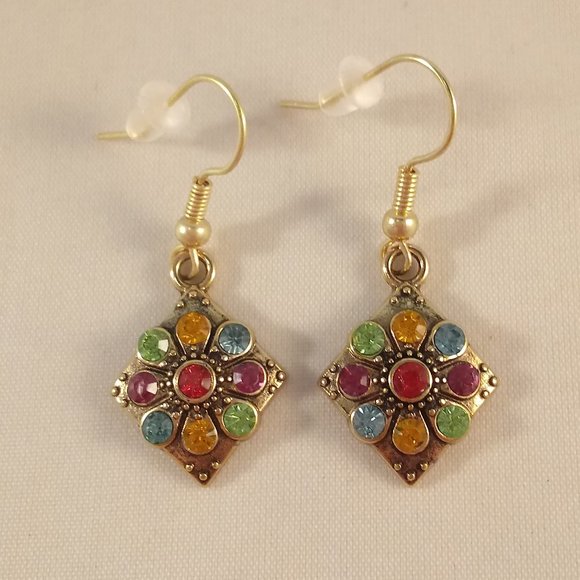 Gold Plated Multi Color Crystal Rhombus Shape Dangle Earrings Women's Party Gift - Picture 1 of 4